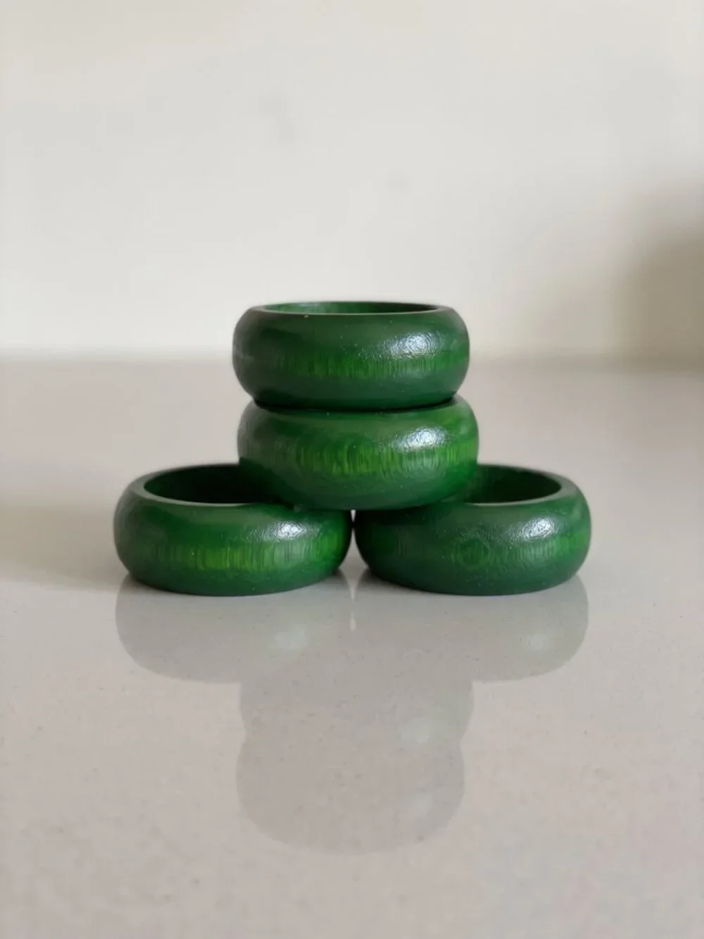 Vintage Forest Green Wood Napkin Rings Round Table Decor Set of 4